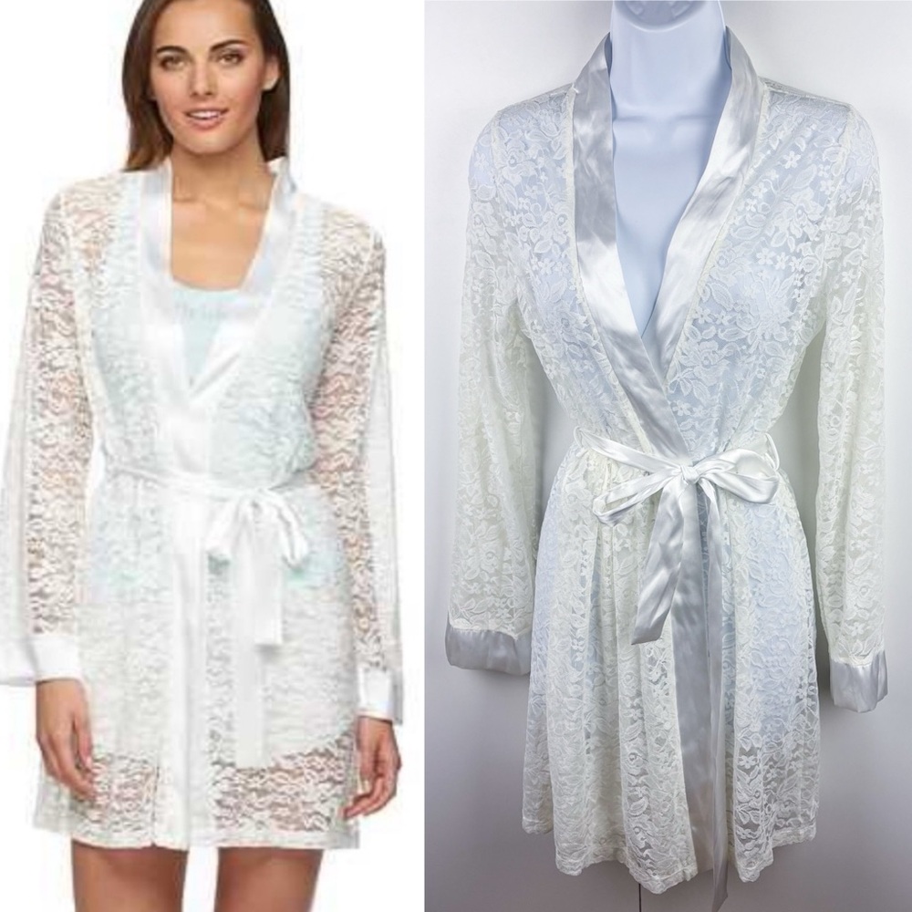 Apt. 9 White Lace Sheer Bridal Satin Trim Mini Short Robe Lingerie